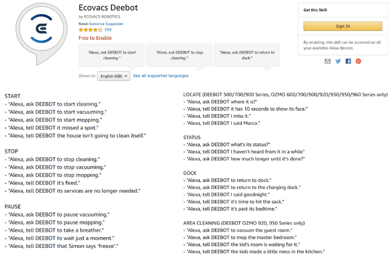 Voice commands of the Ecovacs Deebot N8 at a glance
